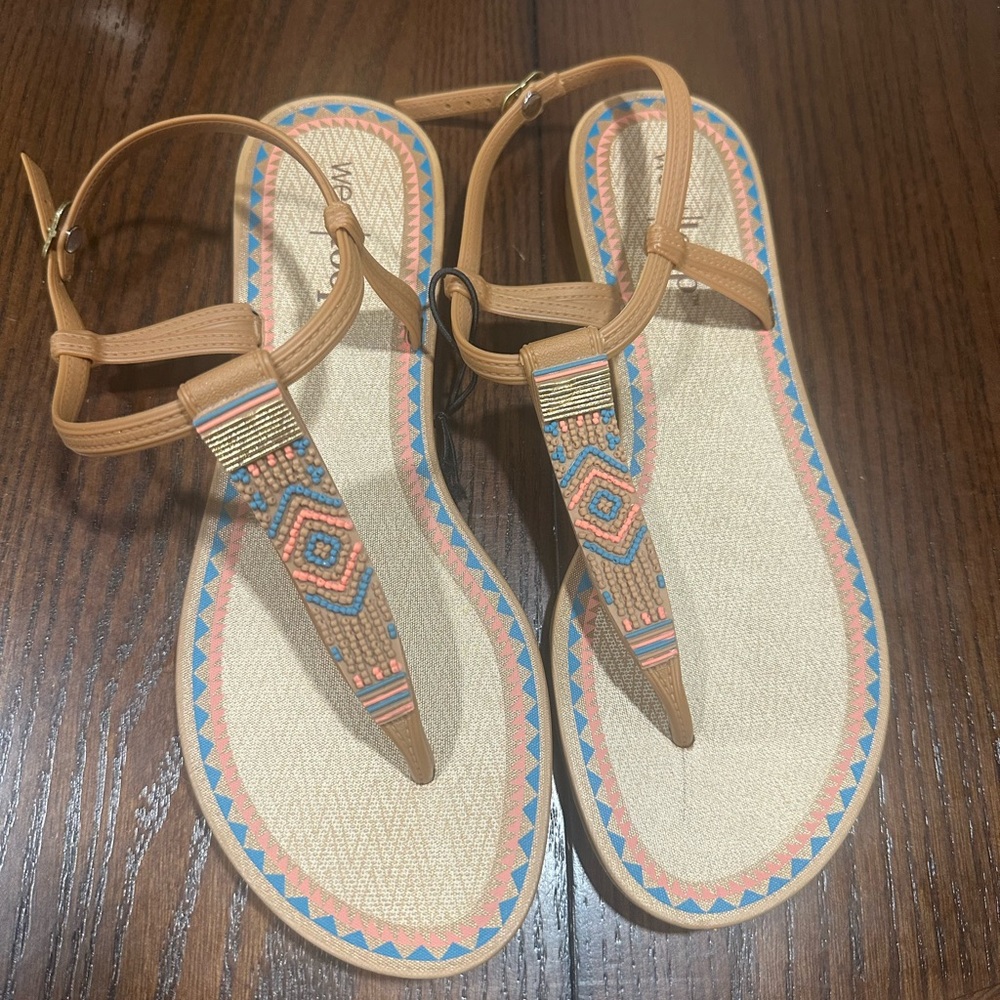 NWOT West Loop Tan and Blue Beaded Sandals